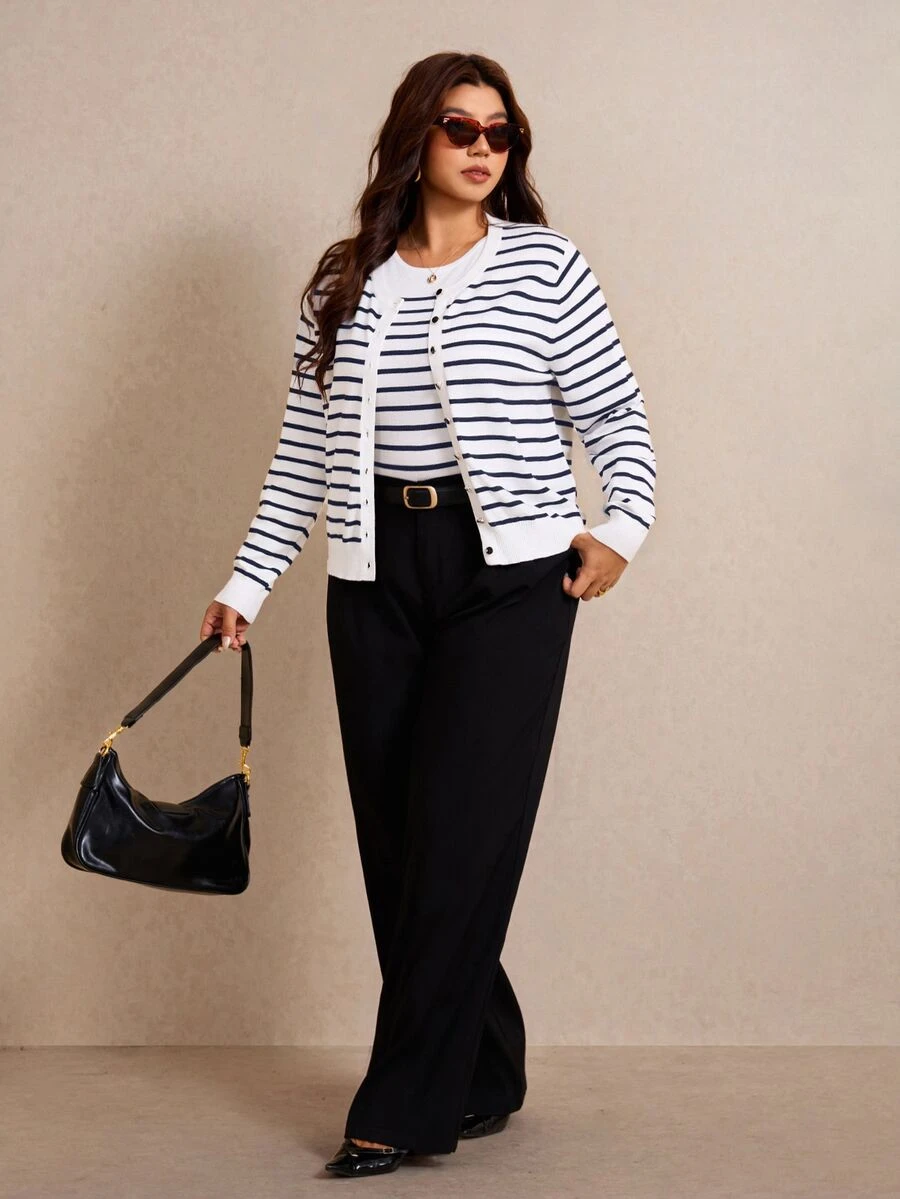 Elaquor Plus Size Women's Striped Top And Long Sleeve Cardigan Knit Set - Navy Blue - View 1