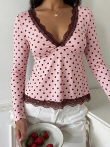 CovetEZ Women's Casual Comfortable Light Pink Contrast Lace Long Sleeve Top, Autumn/Winter - 淺粉色 - 查看 7