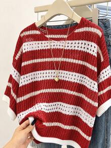 EMERY ROSE Plus-Size Women's Spring/Summer Casual Wear: Simple, Versatile, And Fresh Style. Features Contrasting Colors, Stripes, Cutouts, And Crochet Details. A Loose-Fitting, Round-Neck Plus-Size Knit Top Perfect For Spring And Summer. - Red and White - View 3