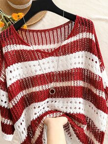 EMERY ROSE Plus-Size Women's Spring/Summer Casual Wear: Simple, Versatile, And Fresh Style. Features Contrasting Colors, Stripes, Cutouts, And Crochet Details. A Loose-Fitting, Round-Neck Plus-Size Knit Top Perfect For Spring And Summer. - Red and White - View 1