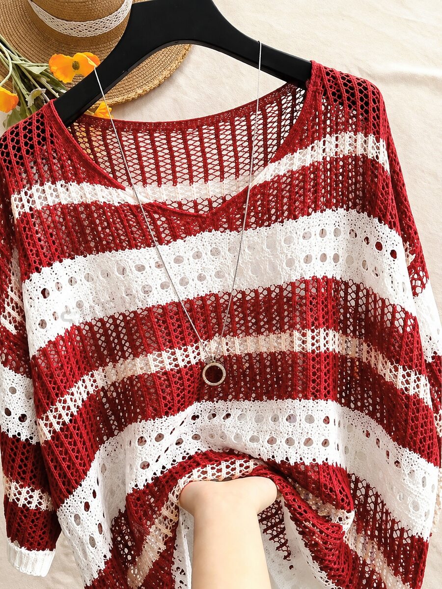 EMERY ROSE Plus-Size Women's Spring/Summer Casual Wear: Simple, Versatile, And Fresh Style. Features Contrasting Colors, Stripes, Cutouts, And Crochet Details. A Loose-Fitting, Round-Neck Plus-Size Knit Top Perfect For Spring And Summer. - Red and White - View 1