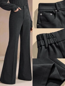 Anewsta Essential Women's Dark Gray Suit Pants With Rivet Pockets, Elegant Fashionable Business Casual Flare Leg Trousers - Dark Grey - View 6