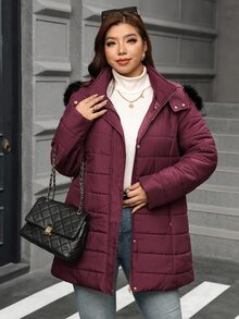 SHEIN Clasi 大尺碼女款純色休閒百搭冬季連帽填充外套 - 酒紅色 - 查看 4