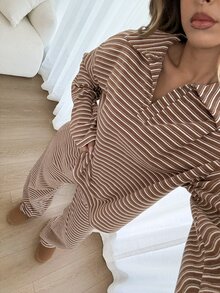 Siren Gaze 女款條紋落肩長袖T恤與長褲休閒兩件套 - 珊瑚粉 - 查看 1