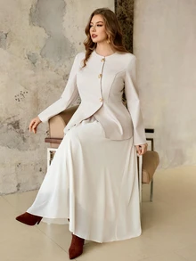 Roveilla European Women's Plus Size Waist-Cinching Slimming Metal Buckle Blazer And Versatile Slimming Skirt 2 Pieces Set Fall - Khaki - View 6
