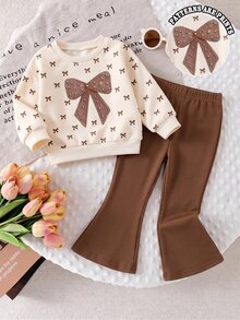 SHEIN Vintaside Kids Girls Toddler Spring/Autumn White All-Over Bow Print Crew Neck Sweatshirt Set, Pearl Rhinestone Large Bow Graphic Top + Pink High Elasticity Flared Long Pants 2 Pieces Set - Multicolor - View 3