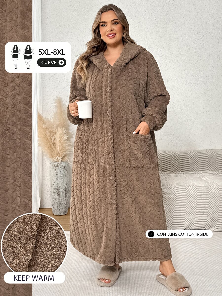 SHEIN CURVE+ Plus Size Women's Flannel Hooded Plush Robe, Thickened Winter Pajamas, Lined, Comfortable For Autumn - Brown - View 1