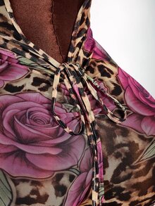 Amplova Leopard Print Bowknot Strap Fitted Short Sleeve Ruched Floral Semi-Sheer Sexy Women's Mini Bodycon Jumpsuit - Purple - View 5
