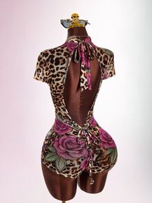Amplova Leopard Print Bowknot Strap Fitted Short Sleeve Ruched Floral Semi-Sheer Sexy Women's Mini Bodycon Jumpsuit - Purple - View 1