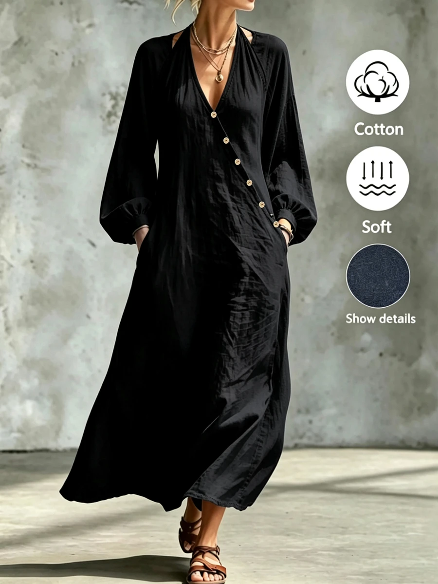 SHEIN Gaun Lengan Panjang Musim Gugur/Dingin Terbaru - Hitam - View 1