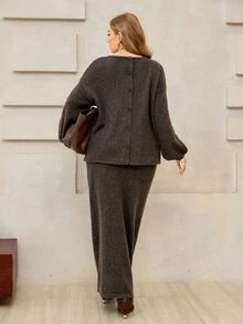 Roveilla Chân váy len dáng rộng cao cấp màu nâu trang trí cúc sau cho mùa Thu/Đông - Cà phê nâu - Xem 2