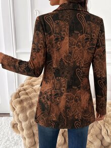 SHEIN Clasi 女款優雅秋季格紋西裝外套，長袖百搭休閒通勤經典格紋夾克 - 棕色 - 查看 2