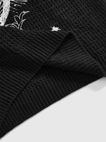 ROMWE Autumn/Winter Dark Gothic Halloween Day Of The Dead Black Cat Cross Star Moon Yin Yang Contrast Color Crew Neck Pullover Sweater - Black - View 5