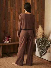 Lullawish Women's 100% Cotton Knitted Drop Shoulder Long Sleeve Top And Pants Pajama Set - Brown - View 2