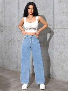 SHEIN PETITE 女款秋季休閒復古高腰寬腿鈕扣開襟藍色牛仔褲，適合外出與日常穿著 - 藍色 - 查看 4