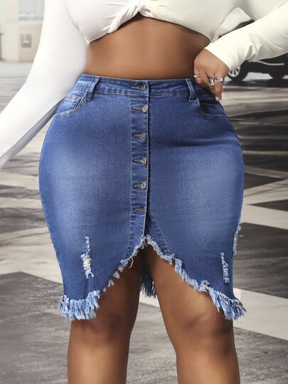 Slaydiva Plus Size Women's Distressed Raw Hem Button Front Blue Denim Stretch Mini Skirt