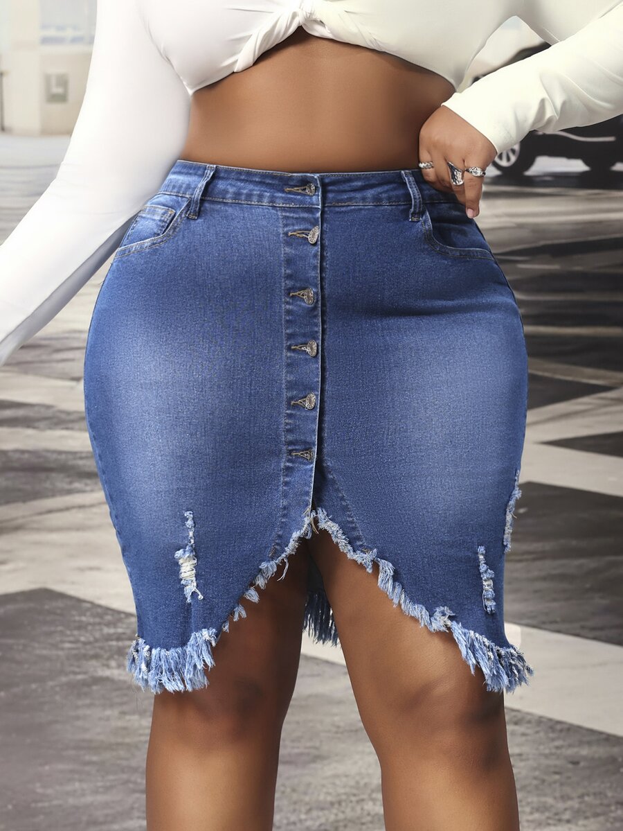 Slaydiva Plus Size Women's Distressed Raw Hem Button Front Blue Denim Stretch Mini Skirt - Medium Wash - View 1