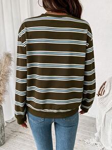 SHEIN LUNE 女款條紋拼色休閒日常長袖運動衫 - 白色 - 查看 6