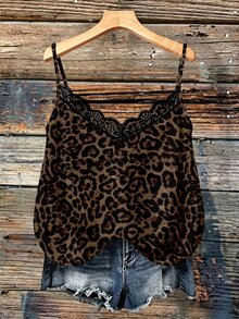 SHEIN VCAY Plus Size Women's Contrast Lace Leopard Print Fashion Camisole - Multicolor - View 1