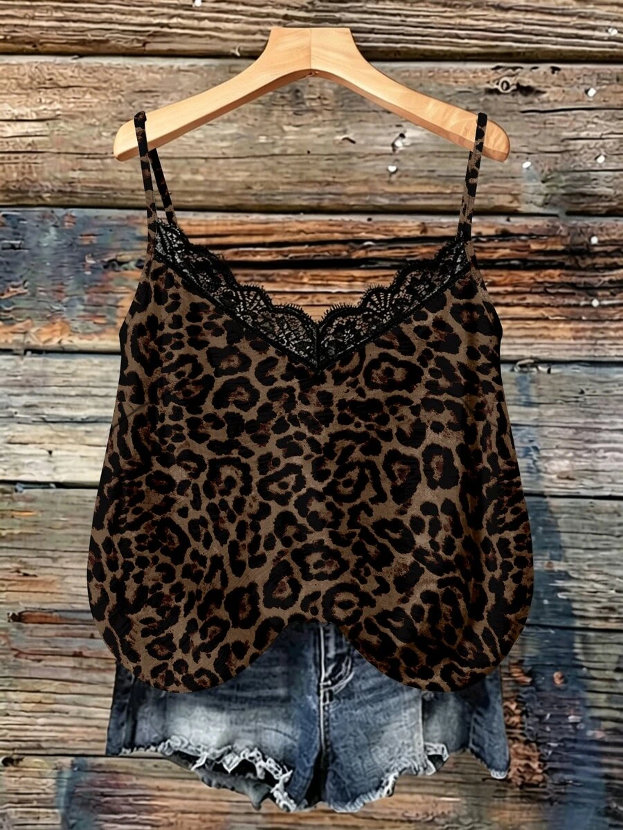 SHEIN VCAY Plus Size Women's Contrast Lace Leopard Print Fashion Camisole - Multicolor - View 1