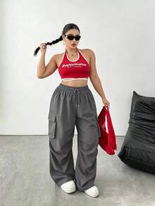 SHEIN Tall CURVE 大尺碼女款純色抽繩腰多功能休閒工裝褲 - 深灰色 - 查看 6