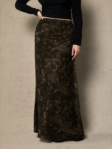 Freevana Plus Size Bohemian 90s Vintage Western Style Paisley Flower Print Versatile Black Knit Skirt For Women, Autumn/Winter Fall Brunch Date Night - Multicolor - View 4