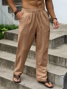 VENTUSAIL Men's Plus Size Solid Color Drawstring Waist Pocket Casual Pants - Maroon - View 3