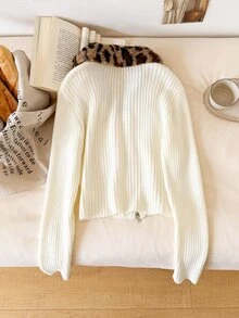 CosyJoli Women's Leopard Print Patchwork Casual Cute Daily Everyday Date Cardigan Leopard Print Women Fall Winter Sweater Work Outfits For Women Fashionable - Black - View 2