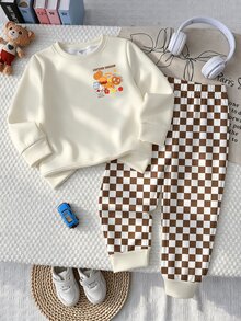Baby Boy Letter Cookie Print Long Sleeve Sweatshirt And Checkerboard Long Pants Casual Set - Multicolor - View 3