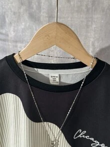 SHEIN 青少年男孩秋冬長袖休閒舒適波浪字母印花保暖內裡運動衫 - 彩色 - 查看 5