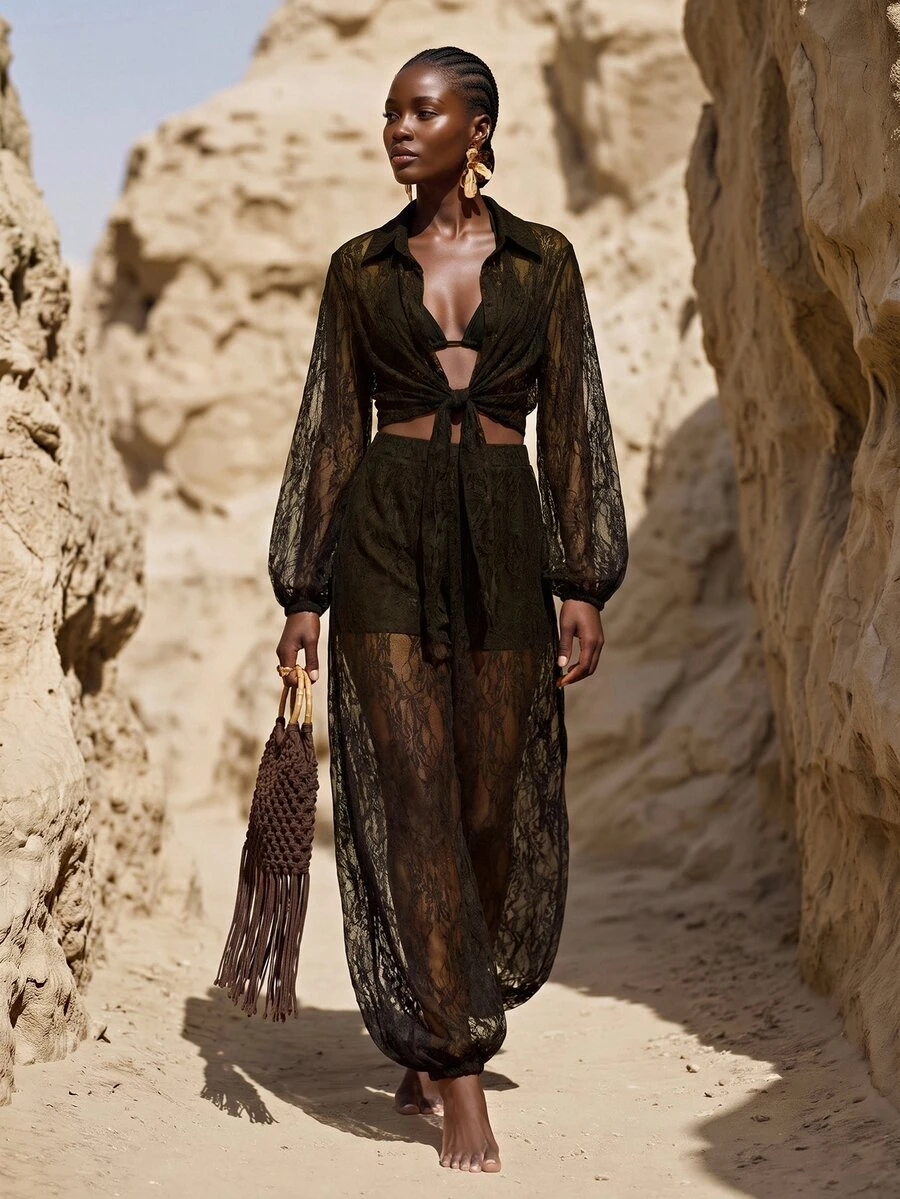 Zivah  Elegant Lace Sheer Blouse And Lantern Pants 2 Pieces Set For Beach Party Vacation Outfits Women