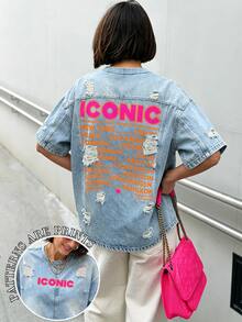 Breezaya 大尺碼女款字母印花牛仔效果短袖休閒T恤 - 彩色 - 查看 1