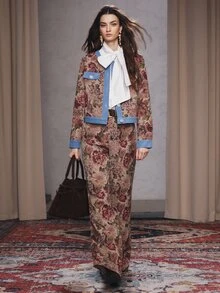 Anewsta Spring/Autumn Vintage French Style Jacquard Colorblock Denim Trim Short Tweed Jacket - Blue - View 3