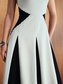 MOTF PREMIUM WOMEN'S SOLID COLOR BEADED SLEEVELESS ELEGANT FLARED DRESS - White - View 2