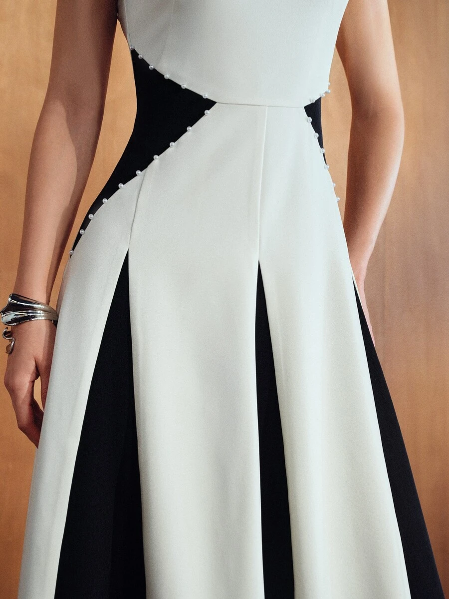 MOTF PREMIUM WOMEN'S SOLID COLOR BEADED SLEEVELESS ELEGANT FLARED DRESS - White - View 2