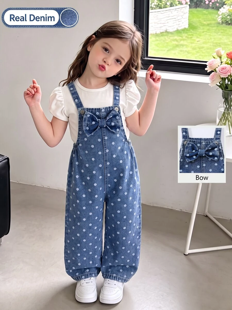 SHEIN Genkimix Kids 女嬰秋季波點牛仔吊帶褲,復古波點印花配大蝴蝶結前襟,寬鬆大腿褲管,休閒長褲,適合上學與外出 - 中等水洗藍 - 查看 1