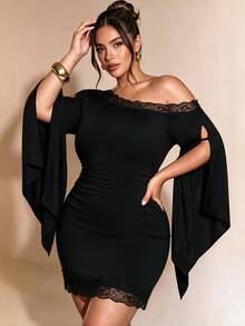 Cravure Plus Size Lace Trim One Shoulder Cutout Flare Sleeve Ruched Elegant Party Mini Dress Fall - Black - View 3