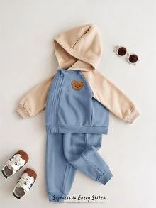 Cozy Pixies Baby Boy Cartoon Bear Pattern Color Block Long Sleeve Winter Autumn Jacket Elastic Waist Long Pants 2pcs Set Thermal Lined Thick Suitable For Winter - Dusty Blue - View 3