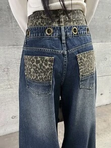FRIFUL 女款寬腿鬆垮休閒百搭牛仔褲，附口袋 - 藍色 - 查看 6
