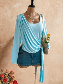 Soleia Women's Plus Size Long Sleeve Designer Vacation T-Shirt, Autumn/Winter - Blue - View 7