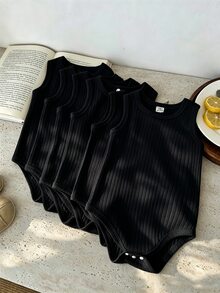 SHEIN Vintaside Kids 6件組新生兒男嬰連身衣 可愛黑色羅紋針織 素色按扣式 無袖圓領輕便夏季度假節日黑色上衣必備款 - 黑色 - 查看 3
