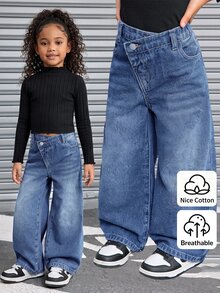 SHEIN Explorewe Girls' Versatile Fashion Casual Blue Straight Leg Denim Jeans - Medium Wash - View 1