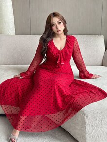 Vibekara Plus Size Women's V-Neck Flared Sleeve Party Office Sweet Sexy Dress With Ruffles And Polka Fall - Multicolor - View 5