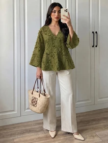 Elenzga 都會時尚優雅度假風 女款四季通用綠色V領中袖不對稱下擺襯衫，適合日常穿著、婚禮、晚宴、通勤、畢業派對、假日活動、度假、約會、派對、萬聖節、聖誕節、新年、感恩節 - 綠色 - 查看 3