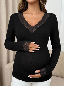 DAZY Contrast Lace Trim Fitted Elastic Long Sleeve V-Neck Casual Daily Vacation Korean Style Spring Autumn Top Maternity T-Shirt - Black - View 4