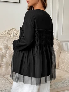 Dazy Maternity Contrast Mesh Loose Long Sleeve Round Neck Casual Vacation Spring Autumn Maternity T-Shirt - Black - View 2