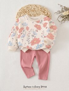 Bộ quần áo bé gái phong cách tối giản thường ngày gồm áo nỉ cổ tròn dáng rộng và quần dài cạp chun, lót giữ nhiệt, phù hợp cho mùa thu/đông - Nhiều màu - Xem 6
