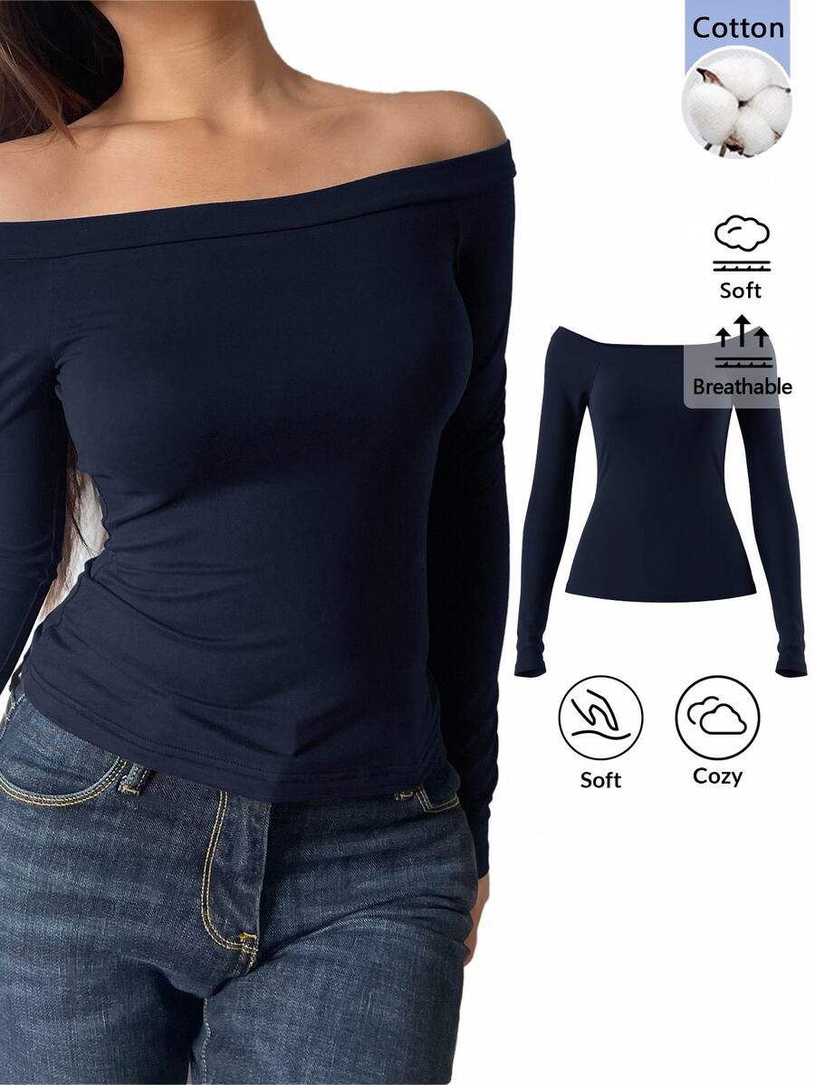 SHEIN BASICS Áo thun tay dài trễ vai ôm dáng màu trơn đa năng mặc hằng ngày cho nữ - Màu xanh hải quân - Xem 1