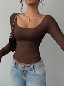 SHEIN BASICS 女款休閒針織修身長袖圓領基本款T恤冬季女裝 - 棕色 - 查看 5