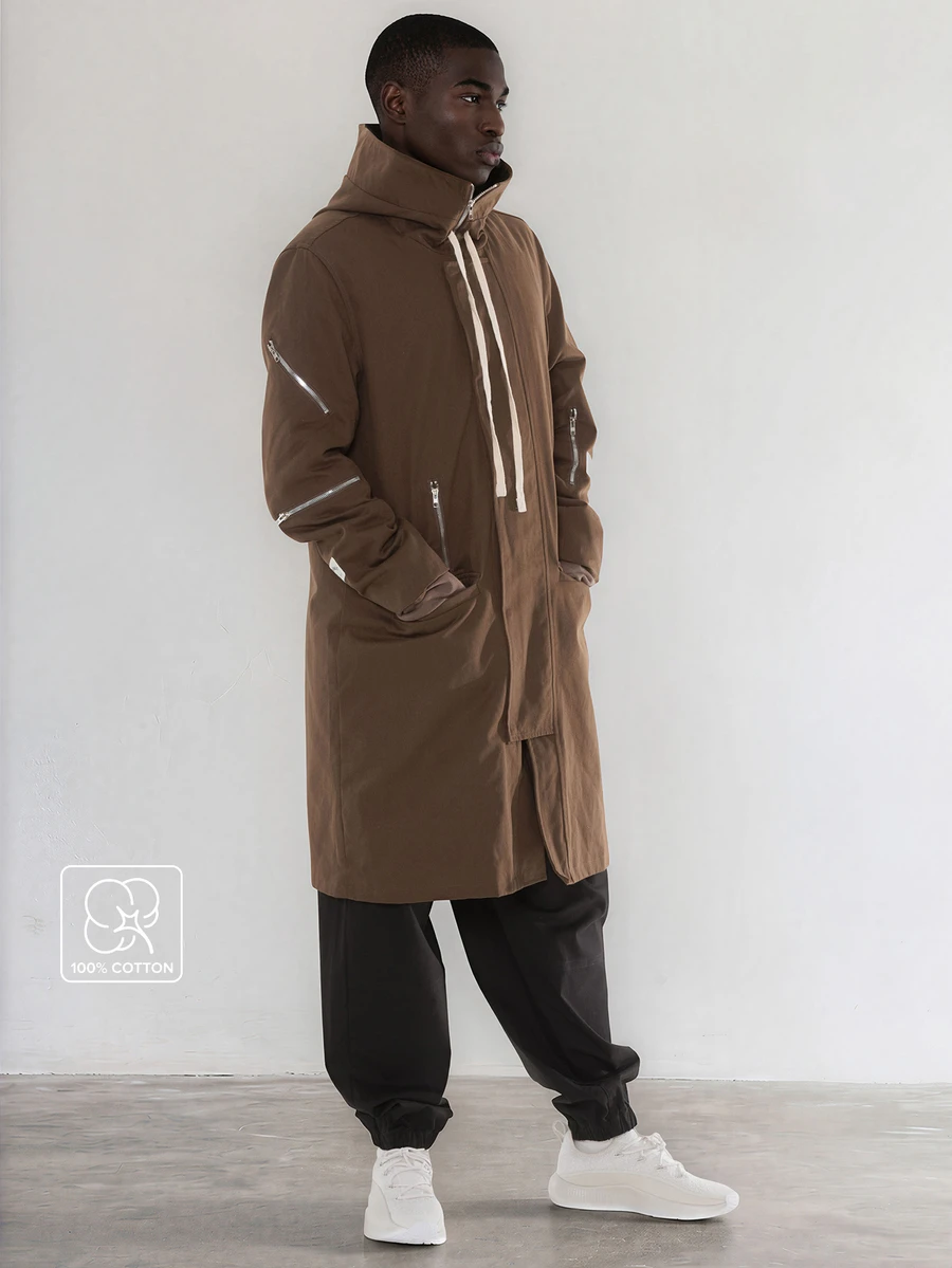 FORM&CHAOS Men's Loose Fit Workwear Zip-Up Hooded Long Sleeve Windbreaker Jacket, Autumn/Winter - Brown - View 1